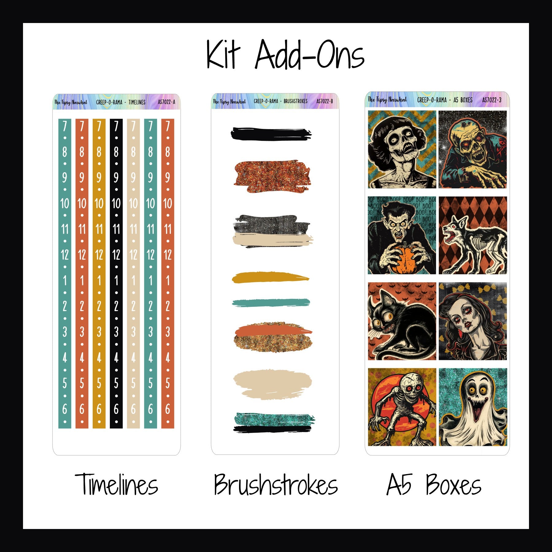 Creep-O-Rama Kit Add-On sheets shown on a white background. Sheets include timelines, brush strokes and A5 boxes.