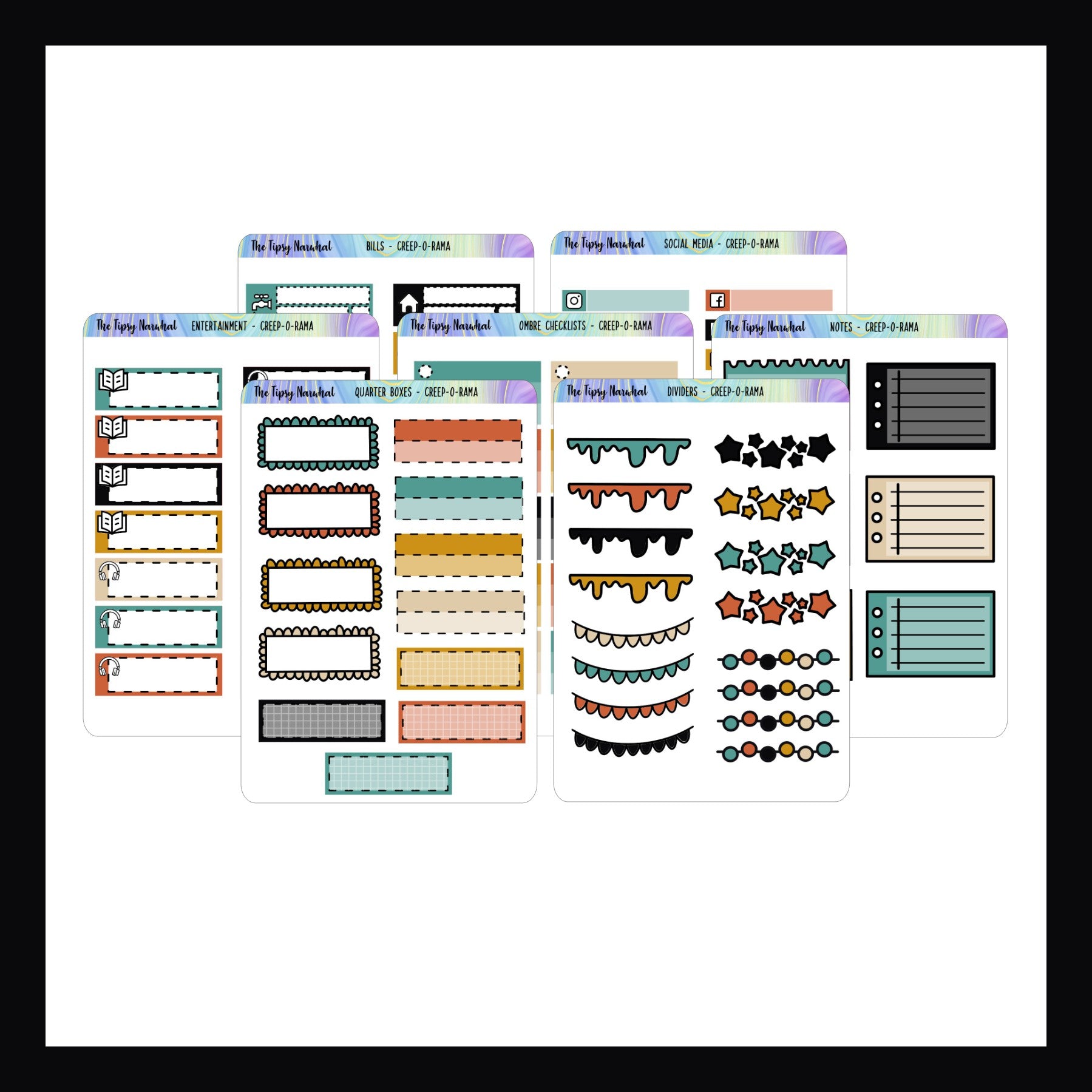 Creep-O-Rama Functional Add-ons. Collection of 7 functional sticker sheets shown on a white background. Stickers match the Creep-O-Rama weekly kits. 
