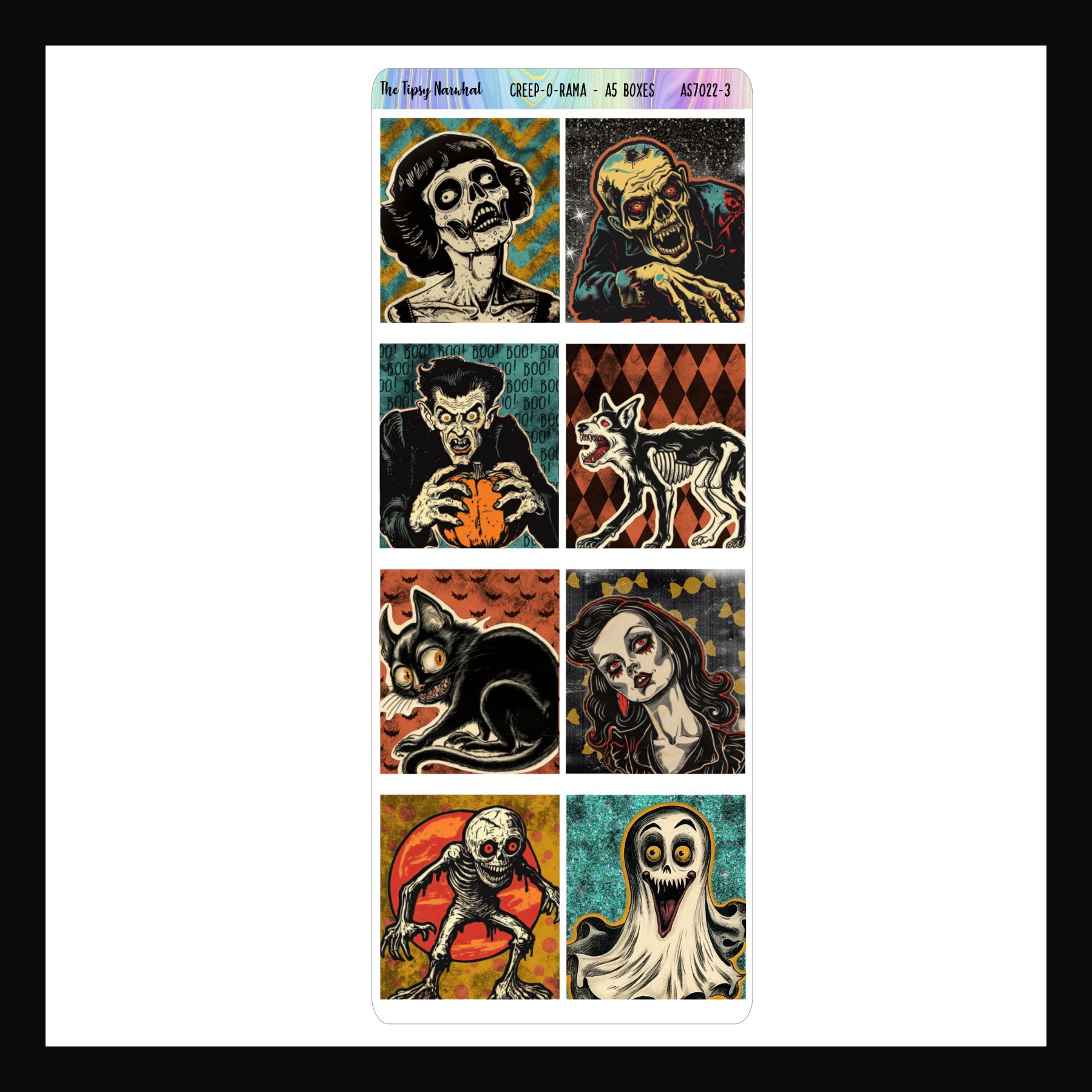 Creep-O-Rama A5 Boxes sticker sheet shown on a white background. 
