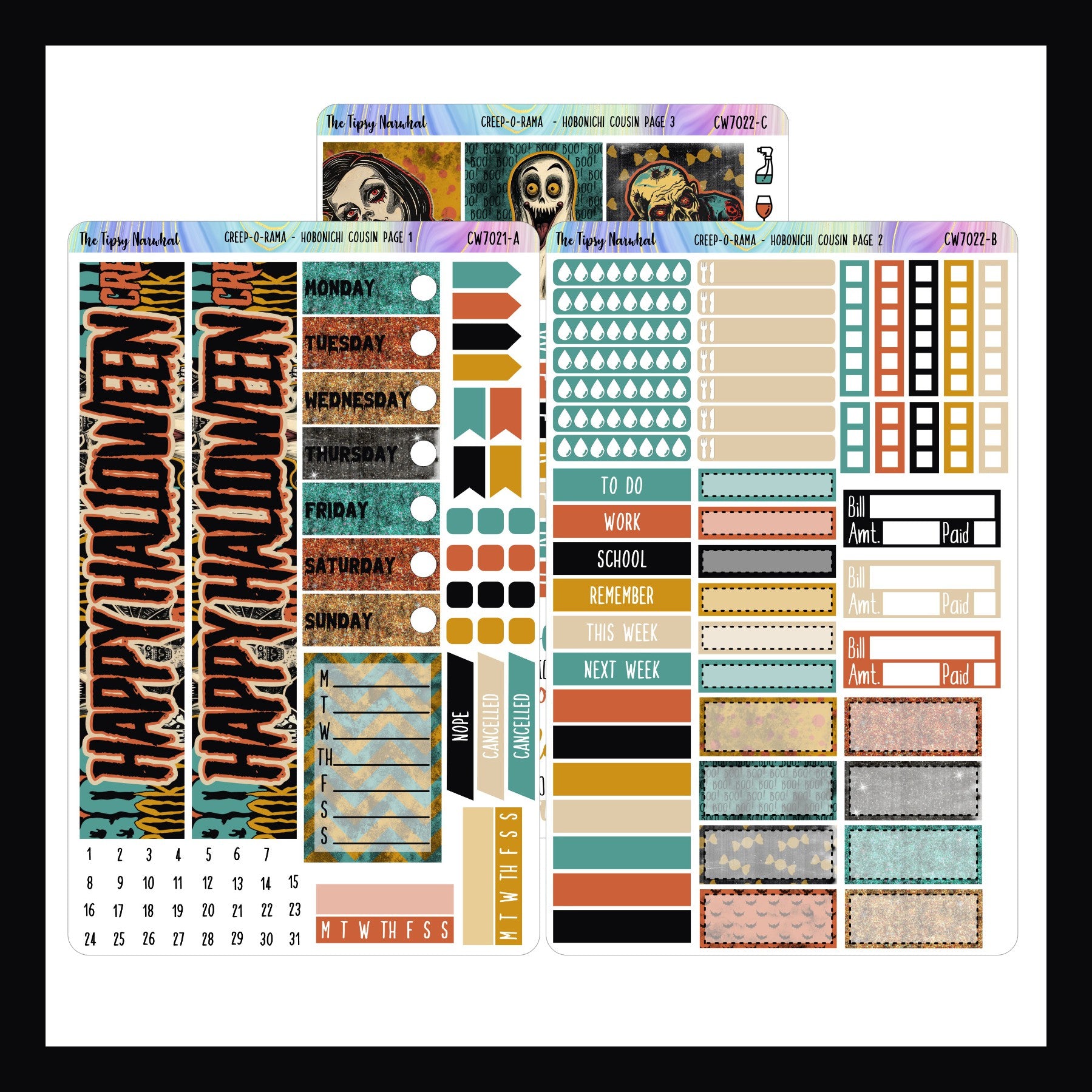Creep-O-Rama Hobonichi Cousin Kit. 3 page sticker kit shown here on a white background.