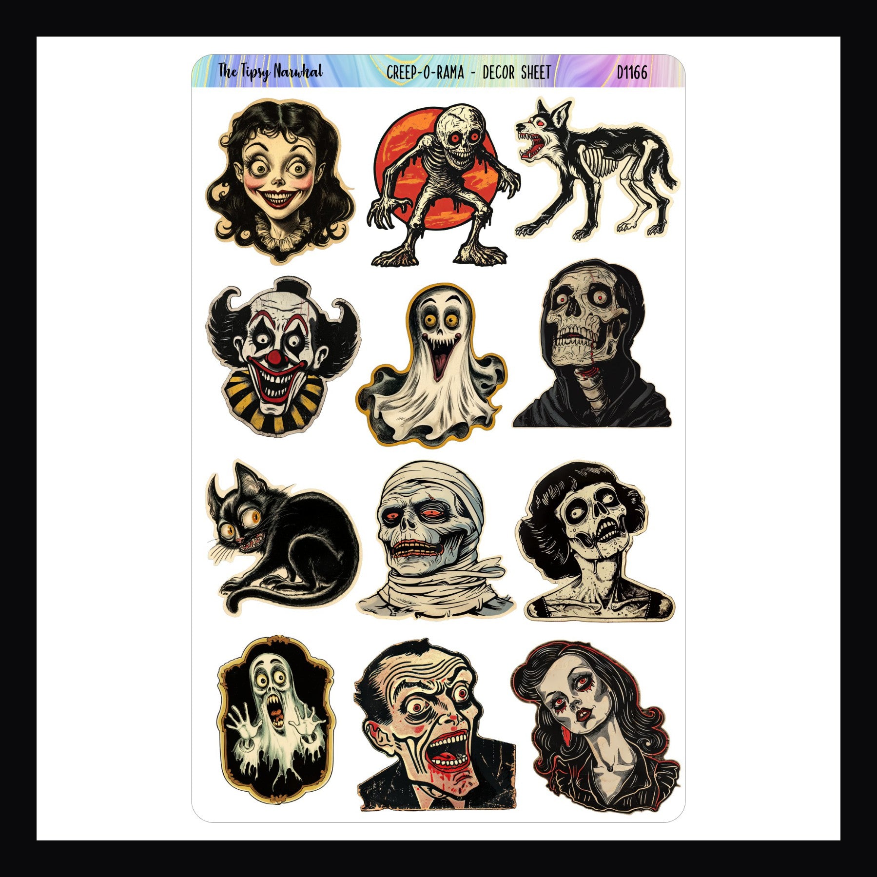 Creep-O-Rama Decor Sheet shown here on a white background. Features several retro style Halloween monsters. 