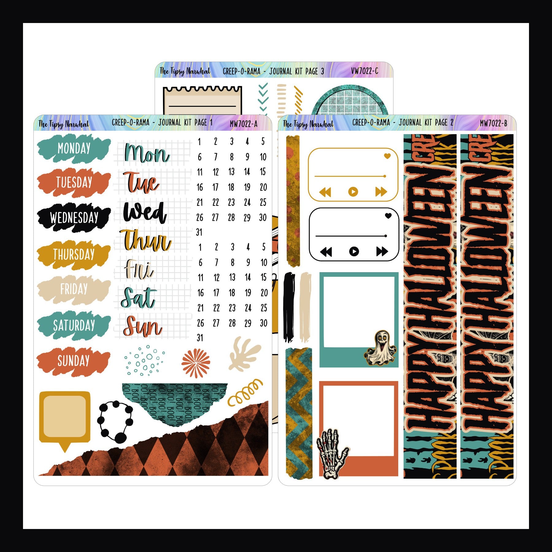 Creep-O-Rama Journal Kit. 3 page sticker kit shown here on a white background.