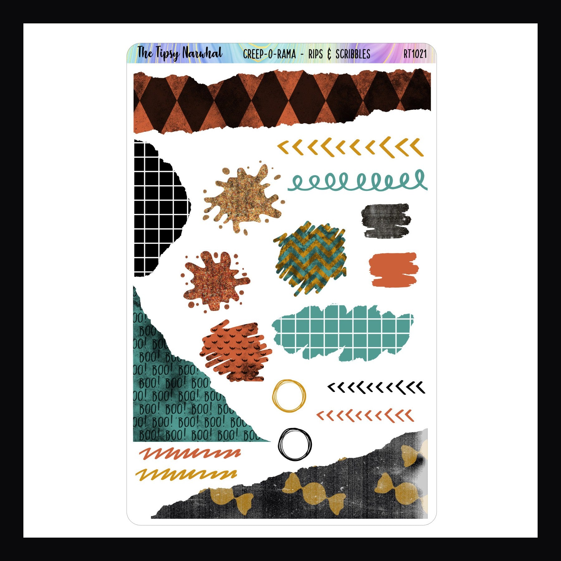 Creep-O-Rama Rips & Scribbles sticker sheet shown on a white background. 