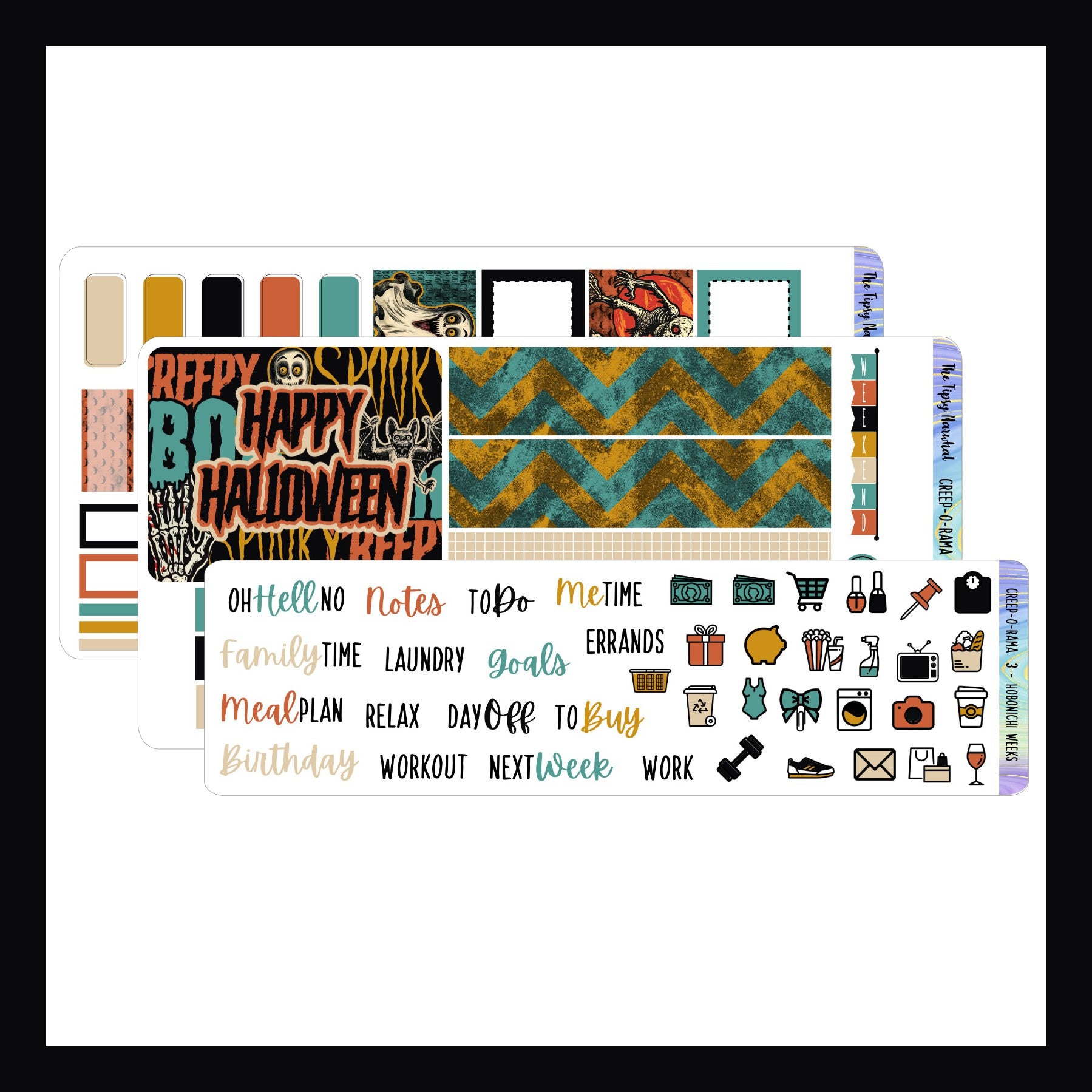 Creep-O-Rama Hobonichi Weeks Kit. 3 page sticker kit shown here on a white background.