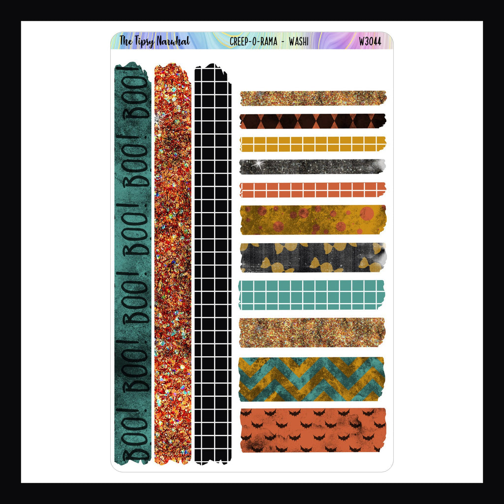 Creep-O-Rama Washi Sheet shown on a white background. Sticker sheet features 14 strips of washi style stickers. 