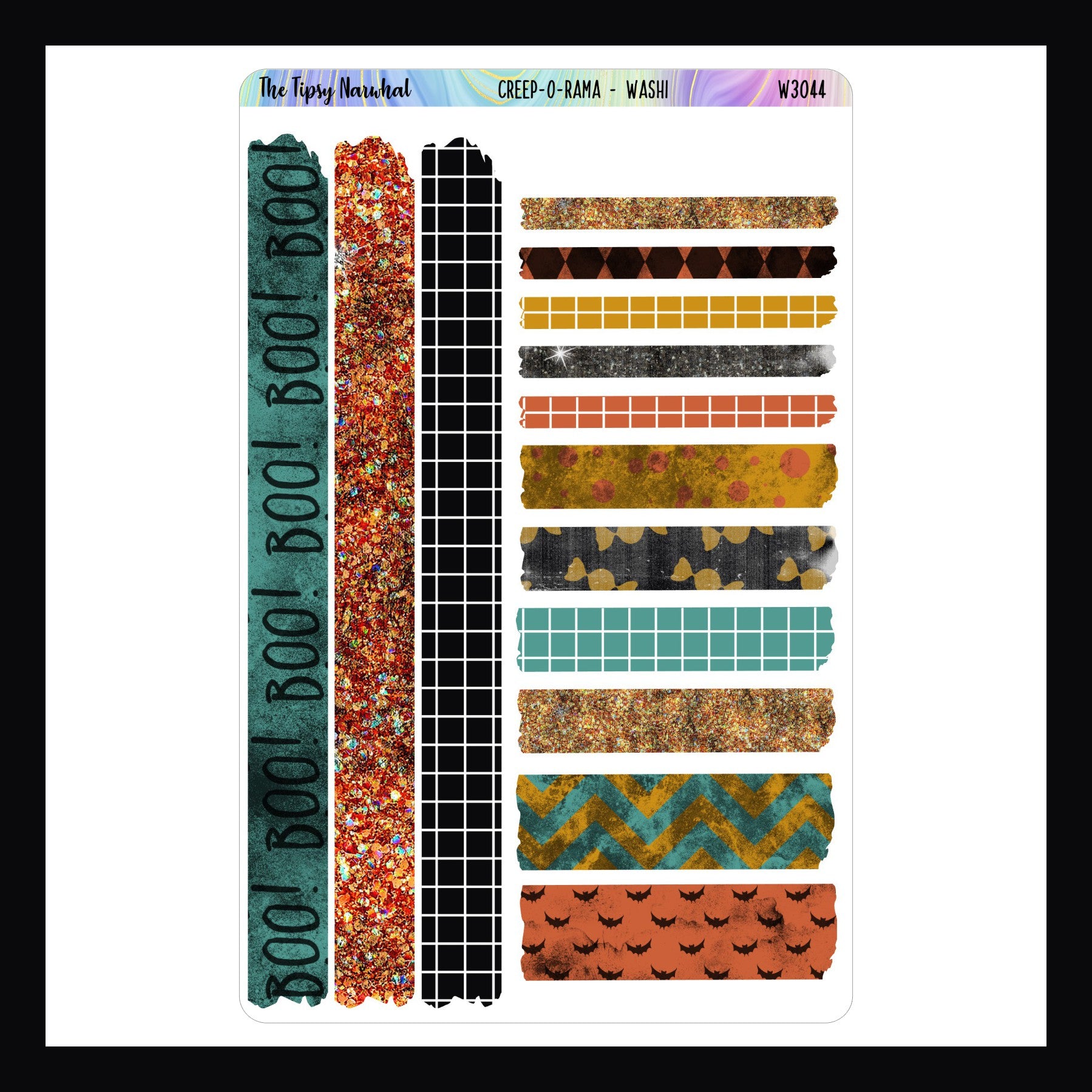 Creep-O-Rama Washi Sheet shown on a white background. Sticker sheet features 14 strips of washi style stickers. 