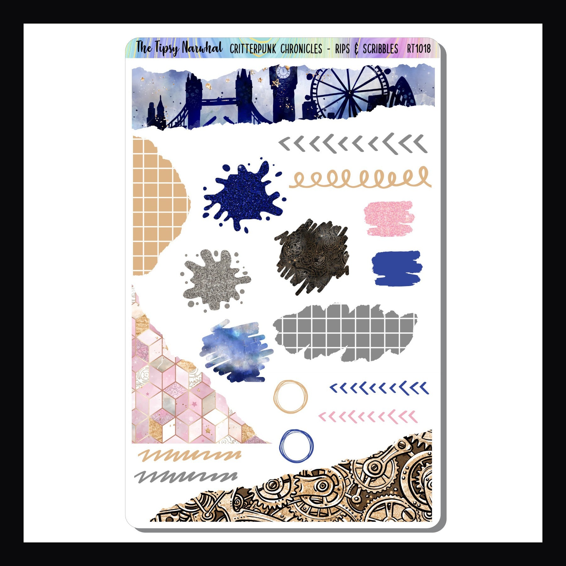 Critterpunk Chronicles Rips & Scribbles Sheet is a 4.5 x 7 inch sticker sheet featuring various stickers with a ripped, splashed, and scribbled like appearance.  All colors and patterns coordinate with the Critterpunk Chronicles Weekly Kits. 