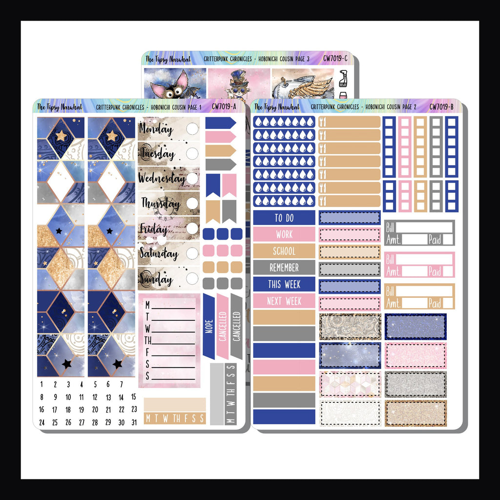 Critterpunk Chronicles Hobonichi Cousin Kit is a 3 page sticker kit designed to fit the Hobonichi Cousin and other similarly sized planners.  This kit features several adorable animals and their various steampunk inventions.  Blue, pink, gold and grey make up the color palette. 