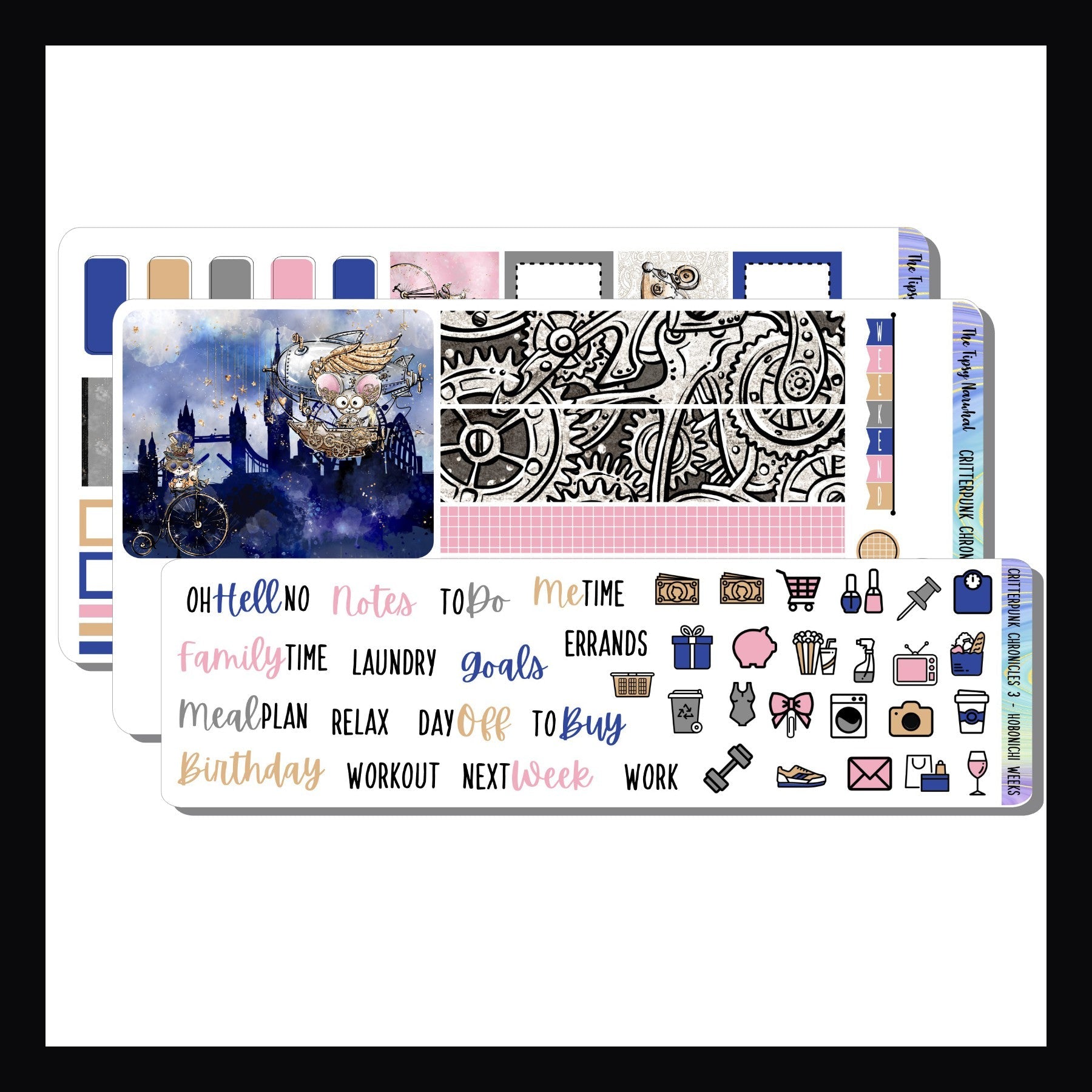Critterpunk Chronicles Hobonichi Weeks Kit is a 3 page sticker kit designed to fit the Hobonichi Weeks planner and other similarly sized planners.  It features adorable animals with their various steampunk inventions.  Blue, pink, gold and grey make up the color palette. 