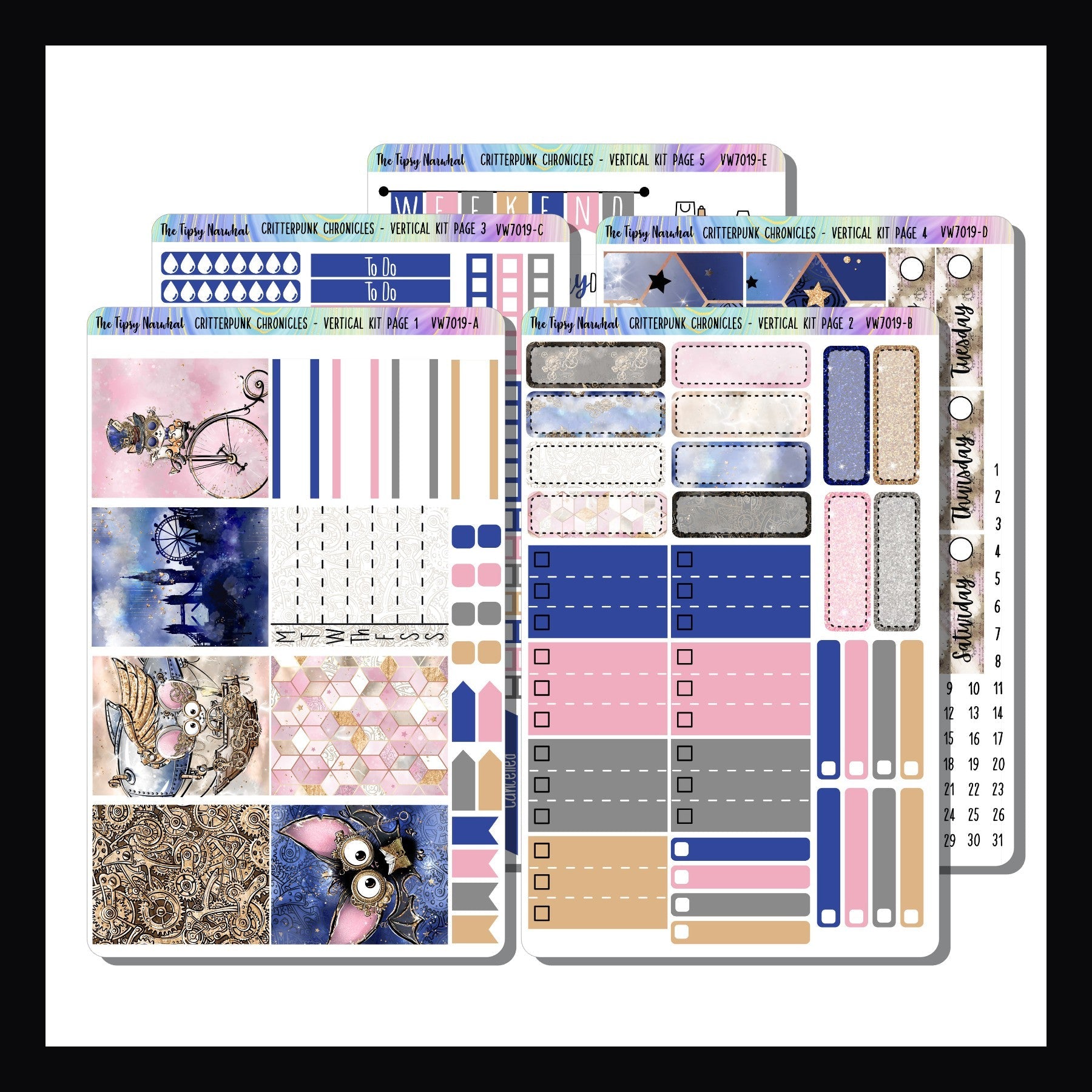 Critterpunk Chronicles Vertical Weekly Kit is a 5 page sticker kit designed to best fit planners with the vertical style layout.  It features a collection of adorable animals in a steampunk world.  The color palette is blue, pink, grey and gold.