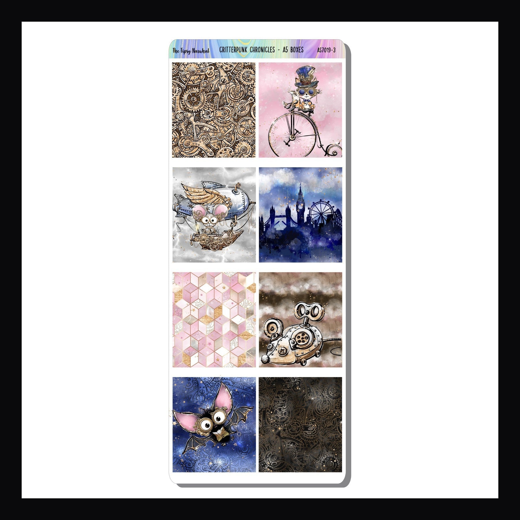 Critterpunk Chronicles A5 Deco Boxes is a sticker sheet containing only decorative box stickers sized to fit the 1.3 inch width columns of popular A5 planners.  This 8 piece collection features adorable animals and their steampunk inventions. Coordinates with the Critterpunk Chronicles Weekly Kits. 