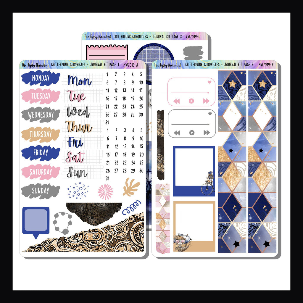 Critterpunk Chronicles Journal Kit is a 3 page sticker kit focused on decorative elements.  Featuring adorable animals and their steampunk inventions, the colors of this kit include pink, blue, grey and gold.