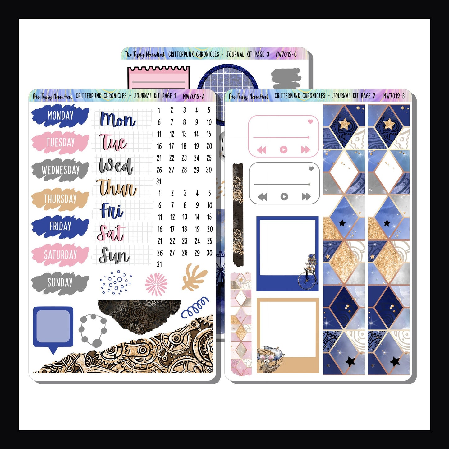 Critterpunk Chronicles Journal Kit is a 3 page sticker kit focused on decorative elements.  Featuring adorable animals and their steampunk inventions, the colors of this kit include pink, blue, grey and gold.