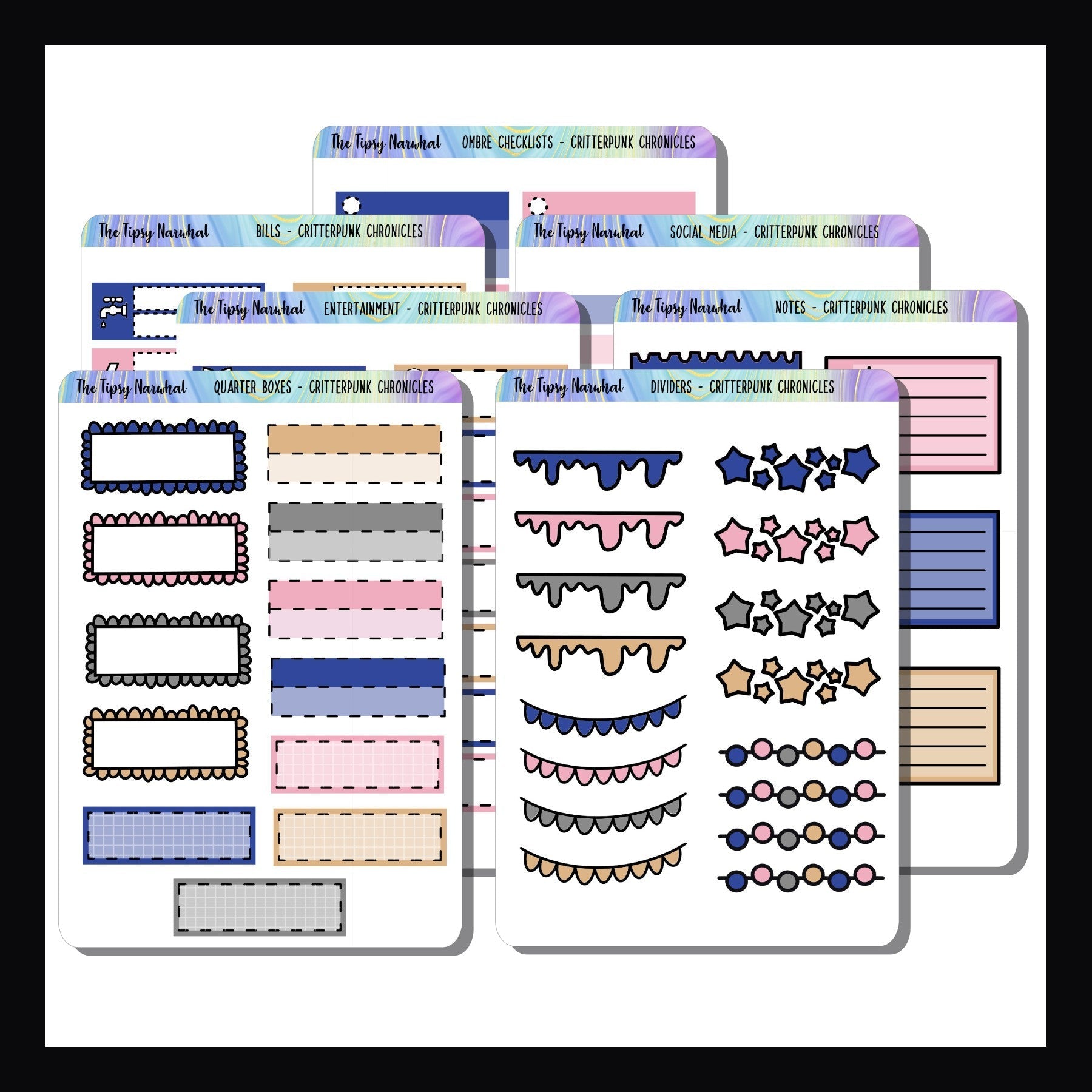 Functional Sticker Add-ons Critterpunk Chronicles All 7 sheets shown on a white background