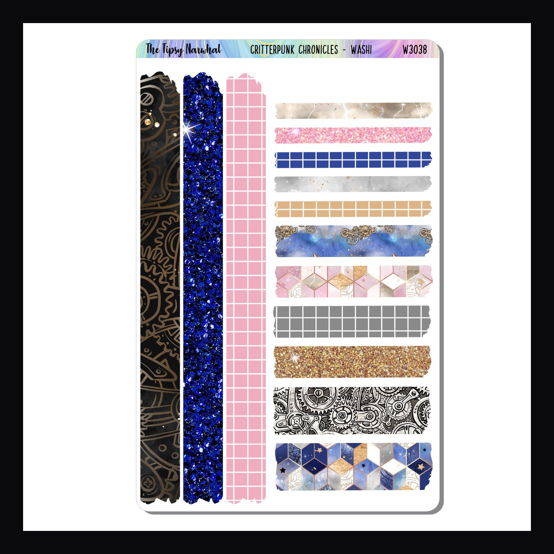 Critterpunk Chronicles Washi Sheet is a 4.5 x 7 inch sticker sheet.  It features 14 washi strip stickers all coordinating with the Critterpunk Chronicles Weekly Kits. 
