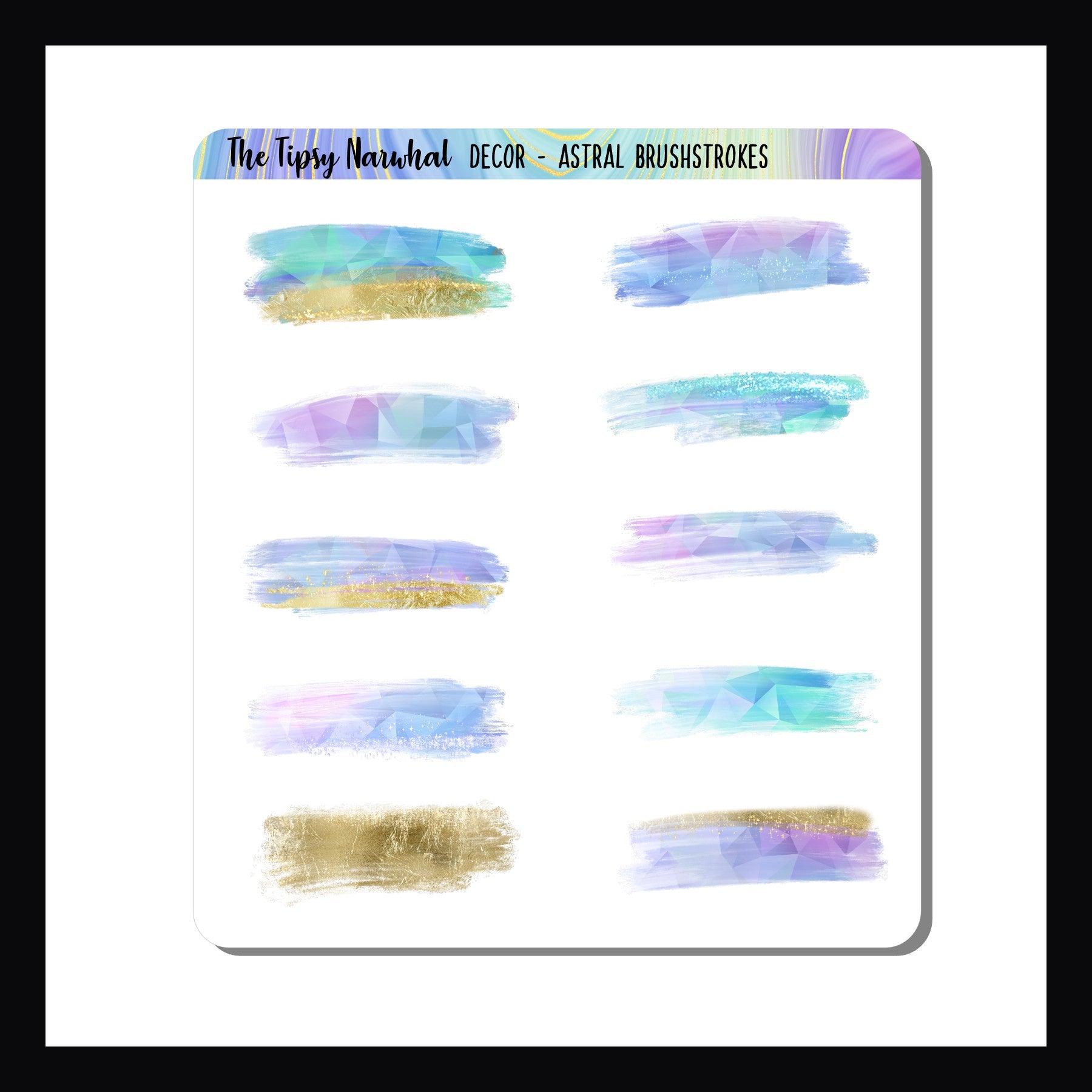 Crystal Brushstrokes sticker sheet features 10 brushstroke style stickers. Each brushstroke features a pastel crystal pattern with hints of metallic gold.