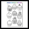 Cupcakes Huephoria Sticker Sheet is a 4.5 x 7 inch sheet featuring 9 individually designed cupcake stickers.  These cupcakes are designed in black and white outlines and are perfect for coloring with pencils, markers, or crayons. 