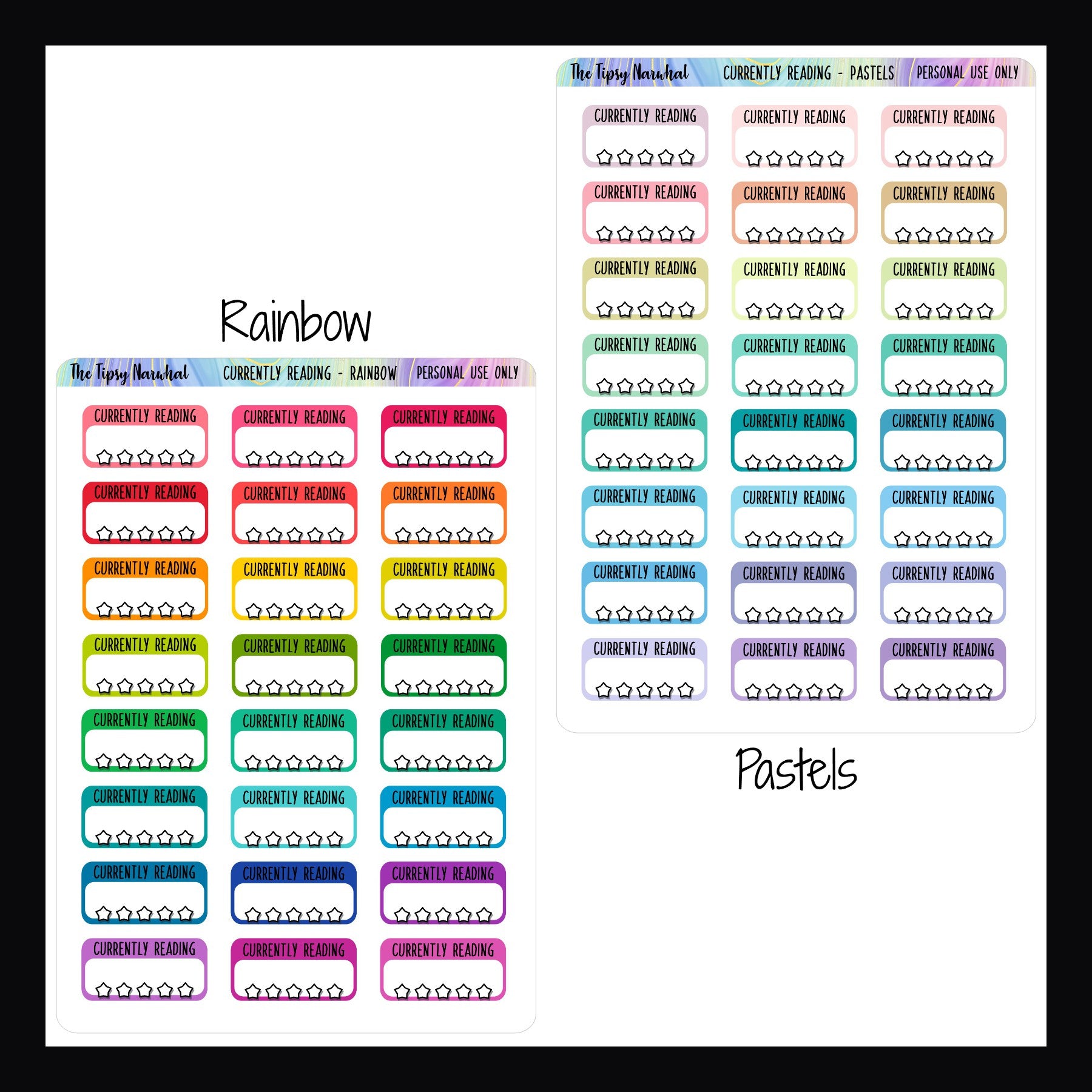 Currently reading stickers in rainbow and pastel color options, book tracking, book rating, reading tracking, functional stickers