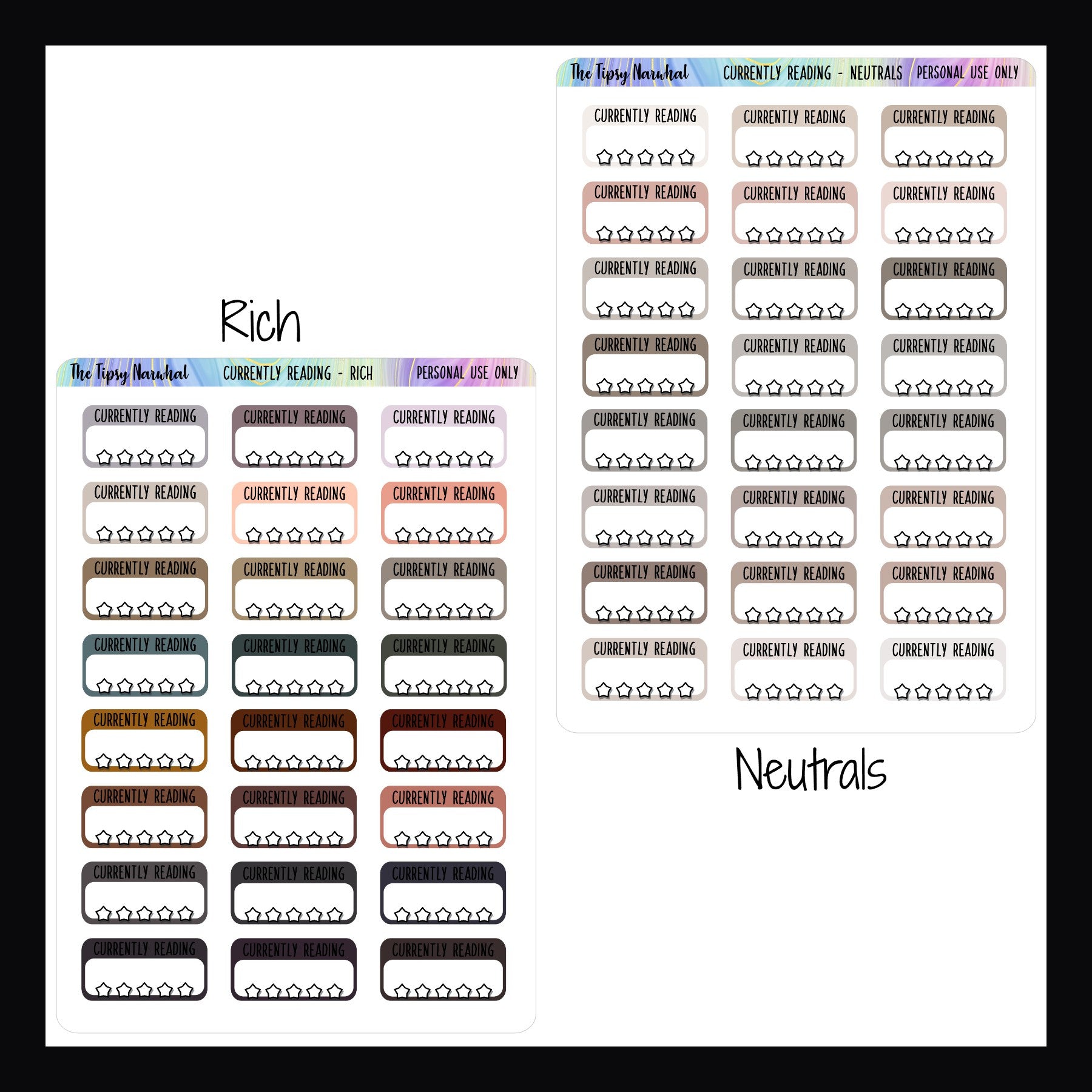 Currently reading stickers in rich and neutral color palettes, book tracking, book rating, reading tracking, functional stickers