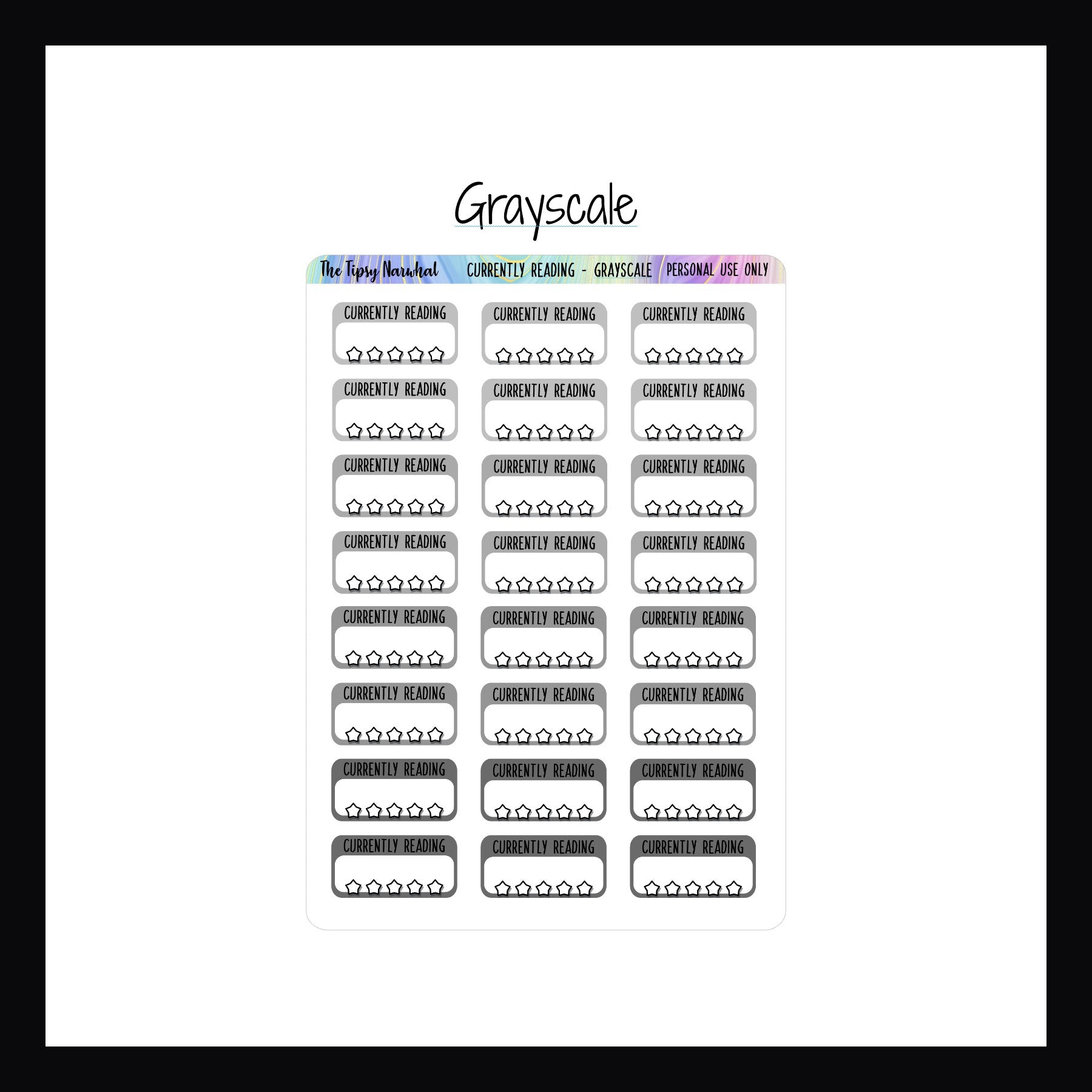 currently reading stickers in grayscale color palette, book tracking, book rating, reading tracking, functional stickers