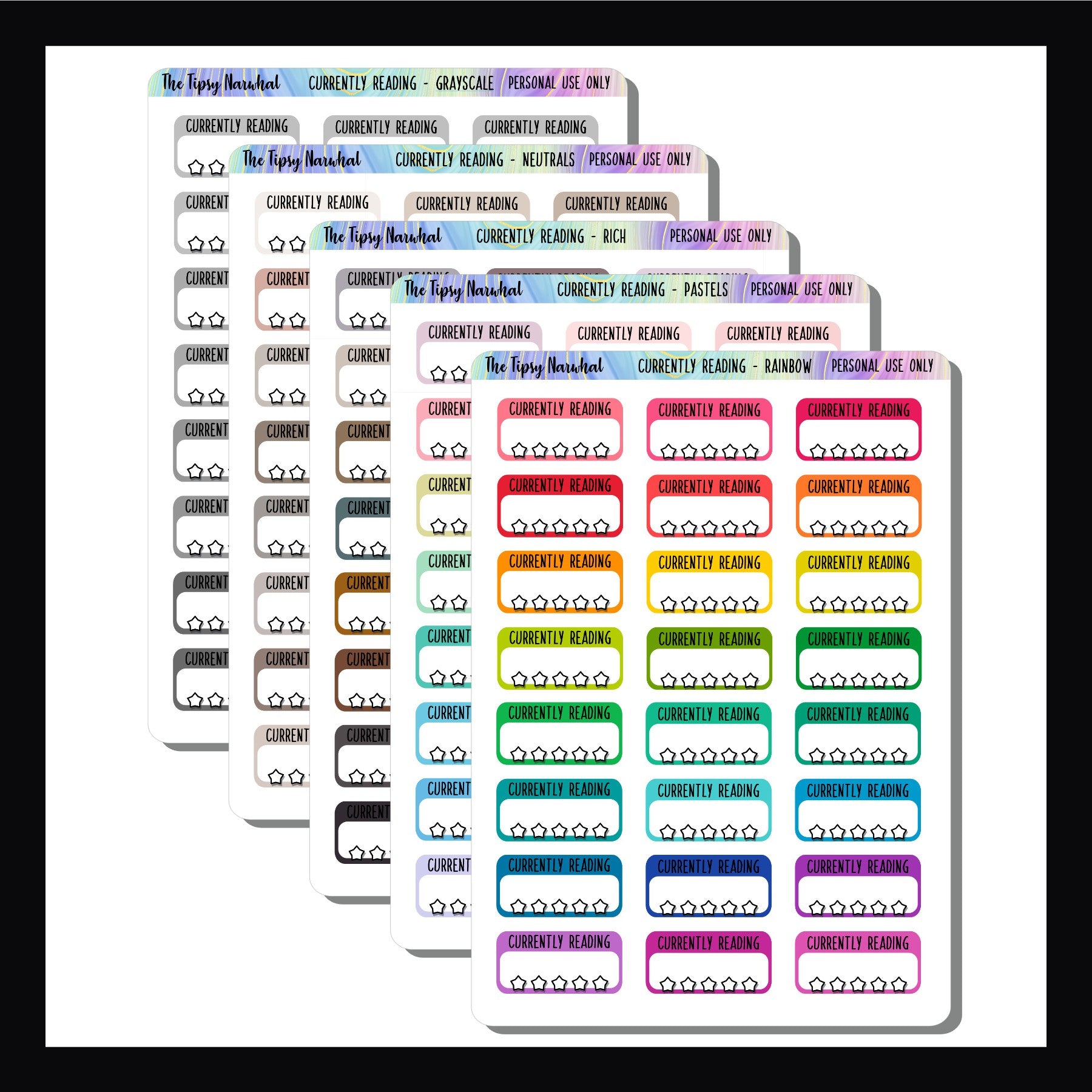 Currently Reading Sticker Sheets, functional stickers, book rating, book tracking, rainbow, pastel, rich, neutral and grayscale color palettes