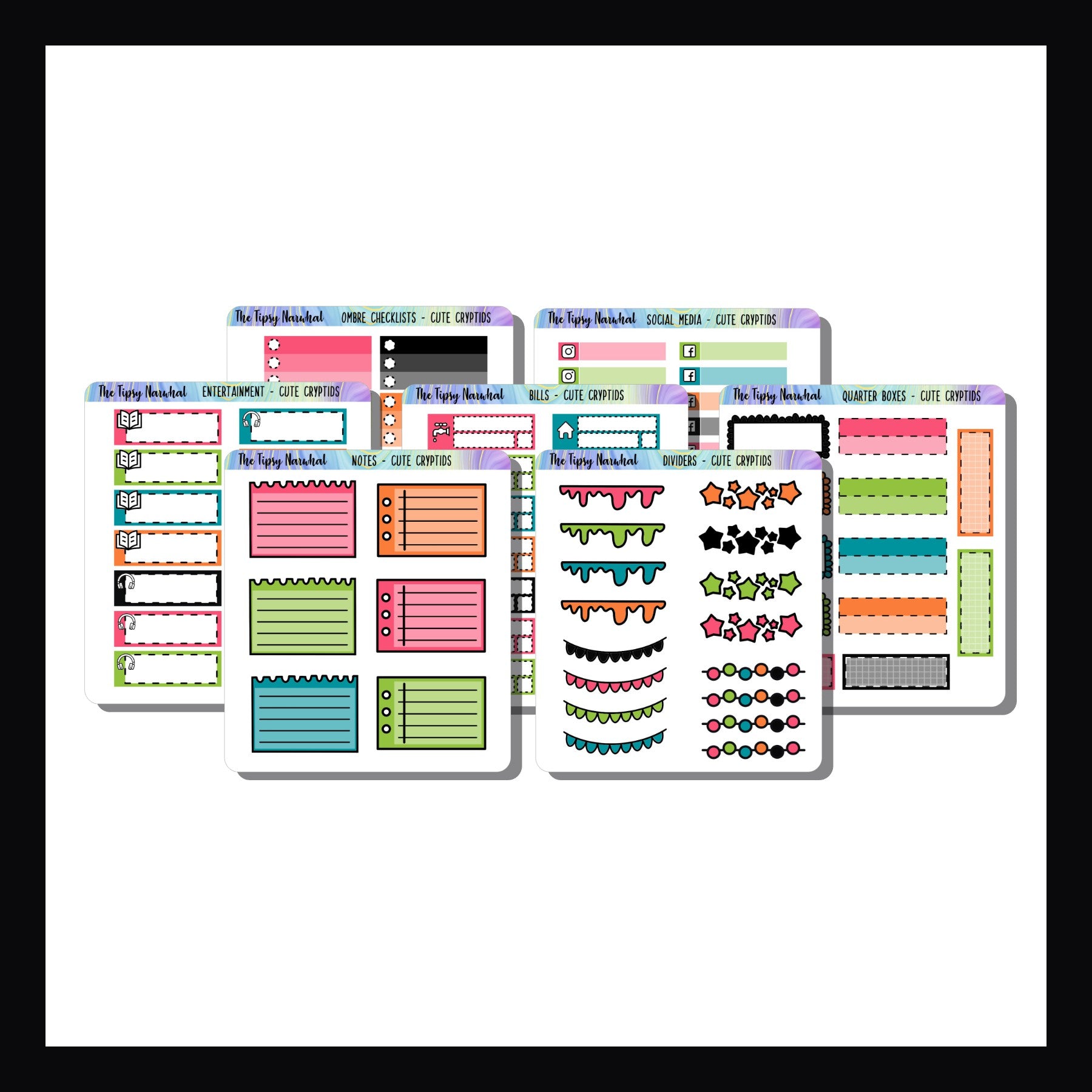 The Cute Cryptids Kit Matching Functional Set is a 7 sheet set of functional stickers that perfectly coordinate with the Cute Cryptids Weekly Sticker Kits.