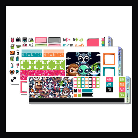 Cute Cryptids Hobonichi Weeks Kit is a 3 page sticker kit sized to fit the Hobonichi Weeks style planners. It features bright, bold colors and some adorable cryptid creatures. 