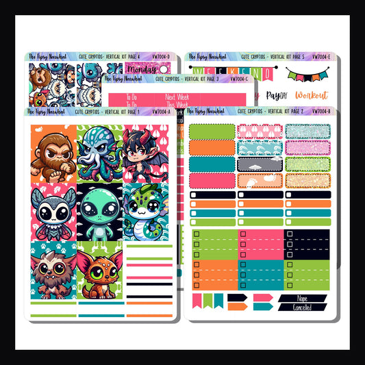 Cute Cryptids Vertical Weekly Kit is a 5 page sticker kit featuring bold colors and adorable cryptid creatures. 