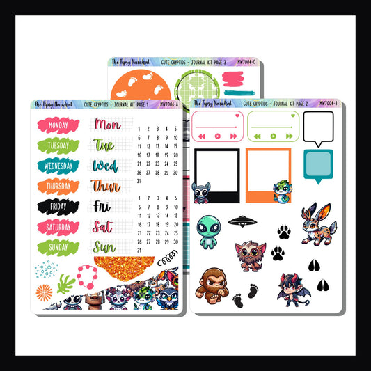Cute Cryptids Journal Kit is a 3 page sticker kit featuring bright colors and adorable cryptid creatures. 