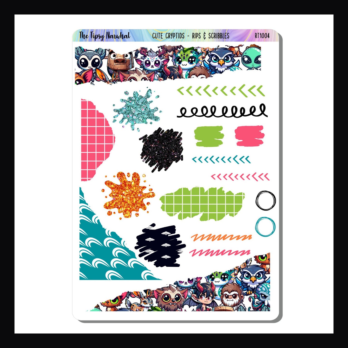 The Cute Cryptids Rips & Scribbles add-on sheet features various stickers with a ripped edge appearance and additional scribble like stickers.  All coordinating with the Cute Cryptids Hobonichi Cousin kit. 