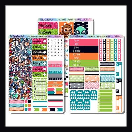 Cute Cryptids Hobonichi Cousin Kit is a three page sticker kit sized to fit the hobonichi cousin. Featuring bold colors and a selection of adorable mysterious animals such as Bigfoot and aliens.