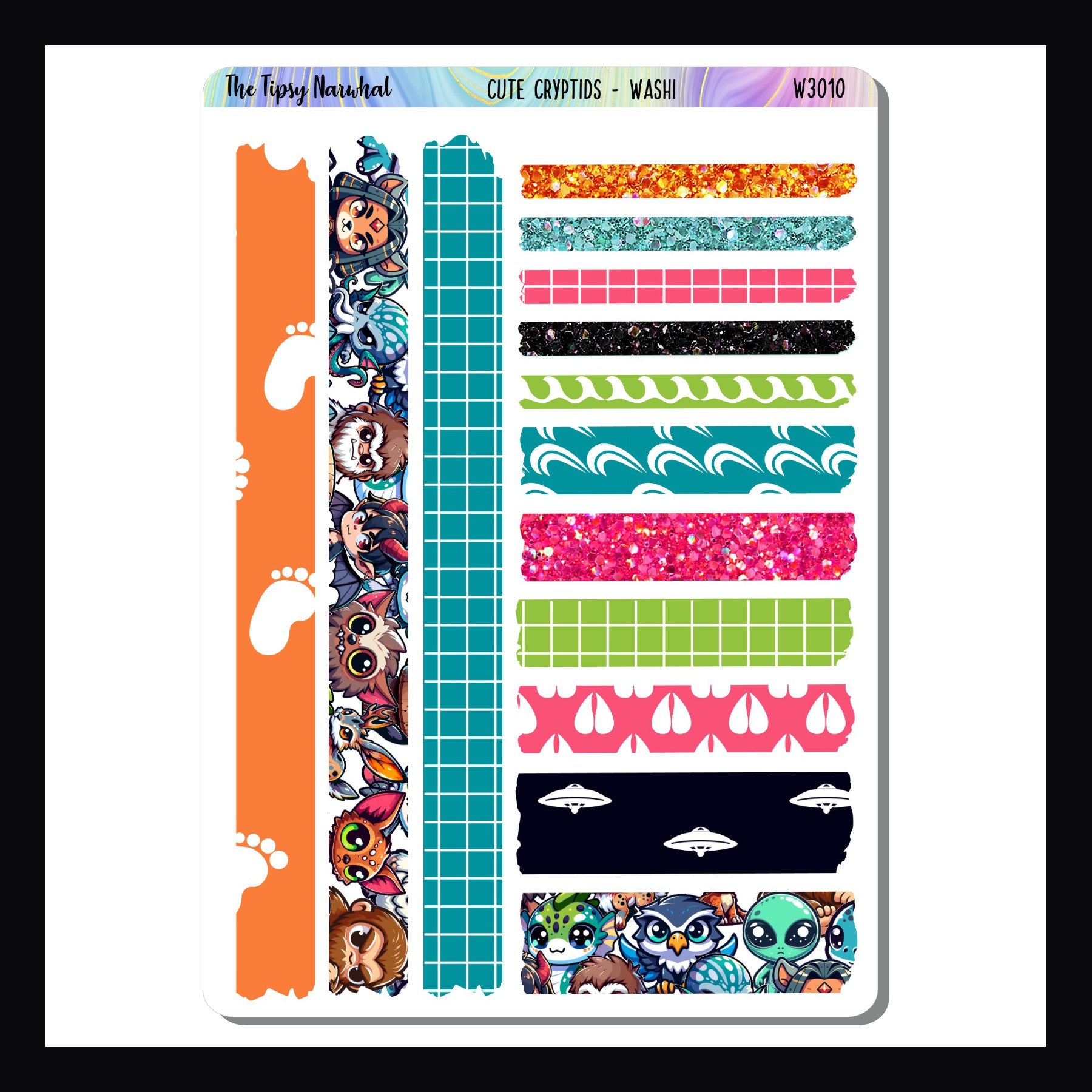 The Cute Cryptids Washi add-on sheet features washi strips in various sizes and lengths.  Each strip coordinates with the Cute Cryptids Hobonichi Cousin kit. 