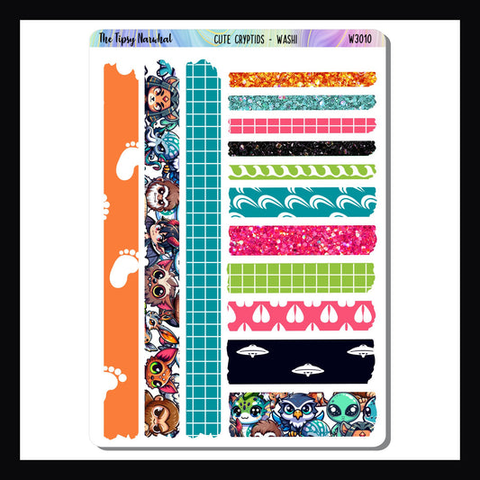 Cute Cryptids Washi Sheet features several washi strips of varying sizes.  All stickers coordinate with the Cute Cryptids Washi Kits. 