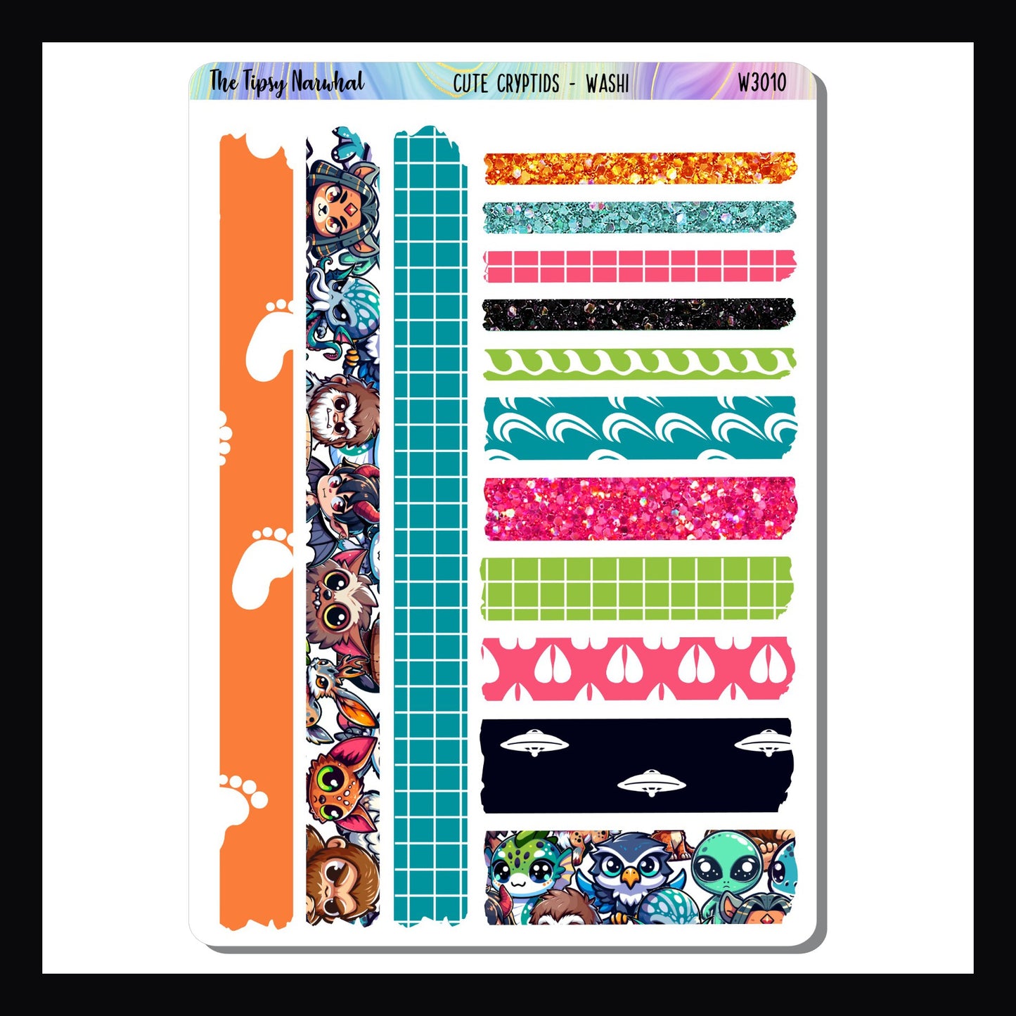 Cute Cryptids Washi sheet features several washi strips of different sizes each which coordinate with the Cute Cryptids Journal Kit. 