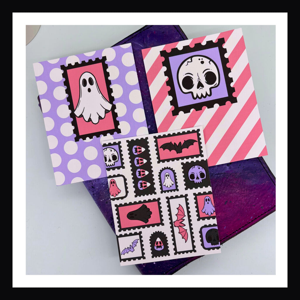 Cute Halloween Shaker Folder set of 3 design cards feature an adorable halloween postage stamp theme.