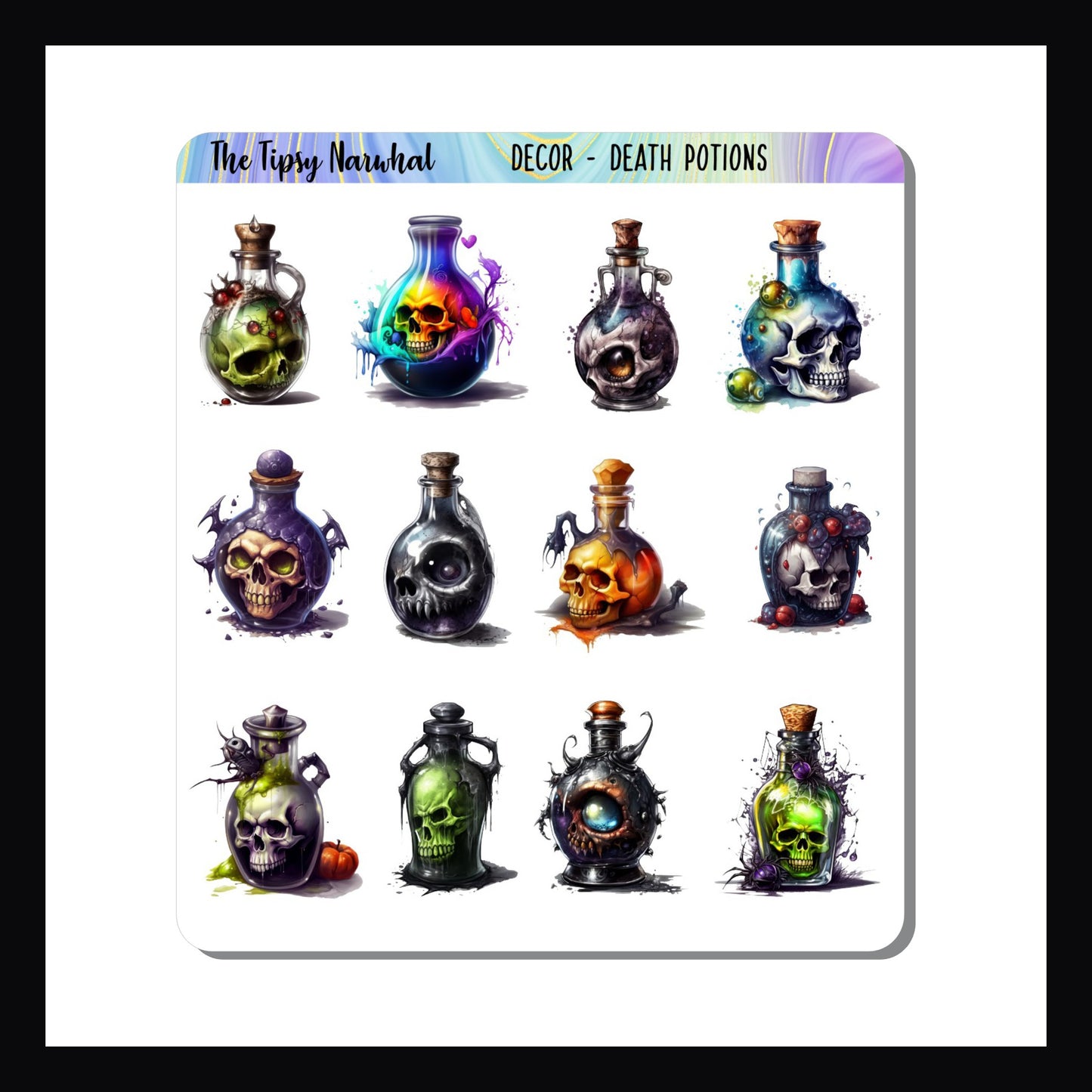 Deadly Potions stickers, multiple colorful vials of deadly potions, skulls, horror, spooky stickers, glass vials, corks, death, pumpkins, dark magic, spiders, cobwebs, witchy, potions, vials