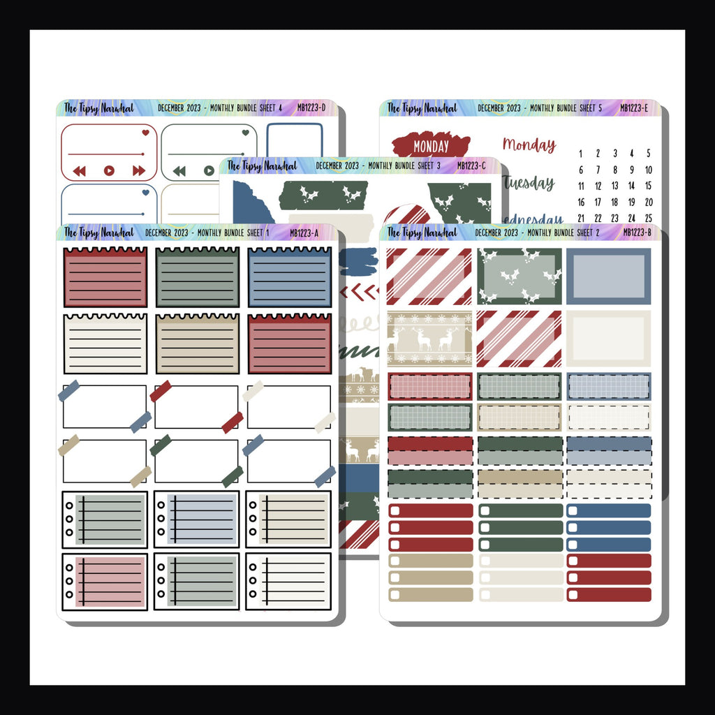 December 2023 Functional Monthly Bundle, 5 page sticker kit, holiday themed red, green, blue and beige color palette.