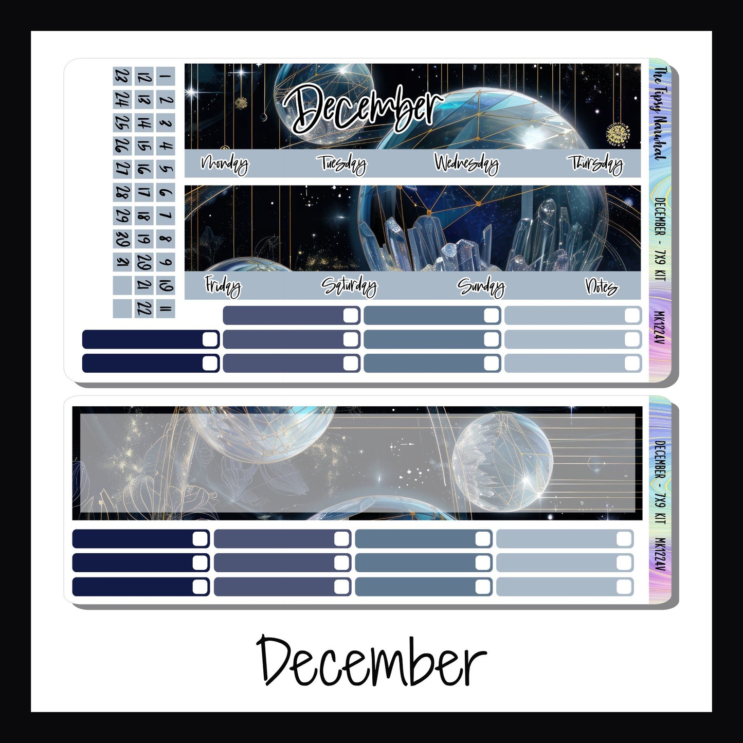 December monthly sticker kit for 7x9 vertical planners.  December's design features an icy blue crystal planet with gold geometric designs.  Colors include various shades of dark blue and gold.