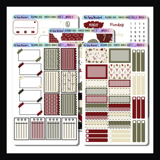 December 2024 Monthly Bundle is a 5 page sticker kit only available for the month of December.  This collection of functional stickers feature a Christmas theme in a traditional color palette of red, cream, and green. 