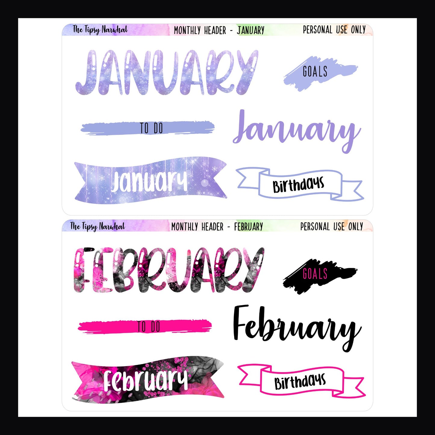 January title sheet, February title sheet, monthly titles, to dos, goals, birthdays, flags, scribbles, bubble letters