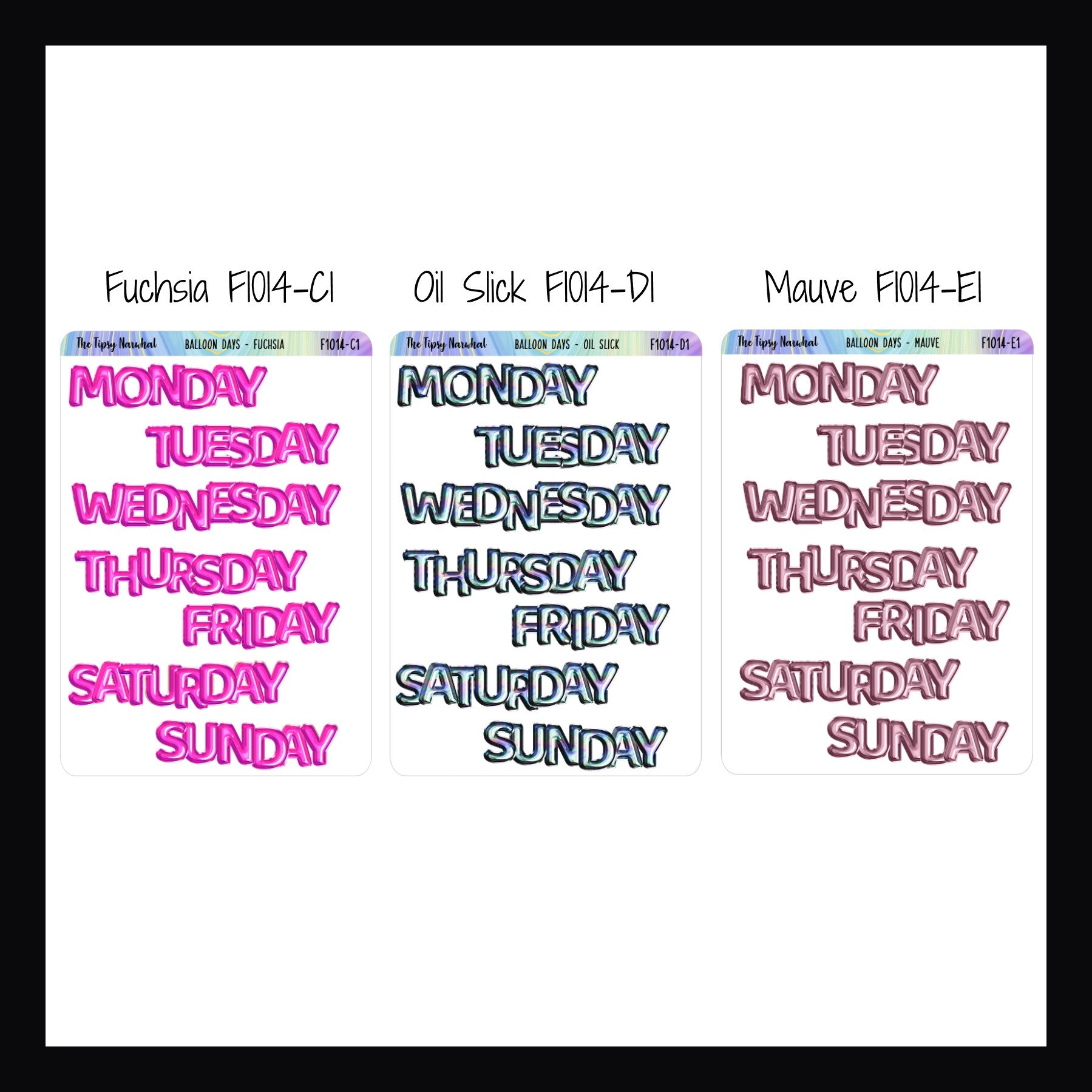 Small Daily Balloon Headers shown in Fuchsia, Oil Slick, and Mauve