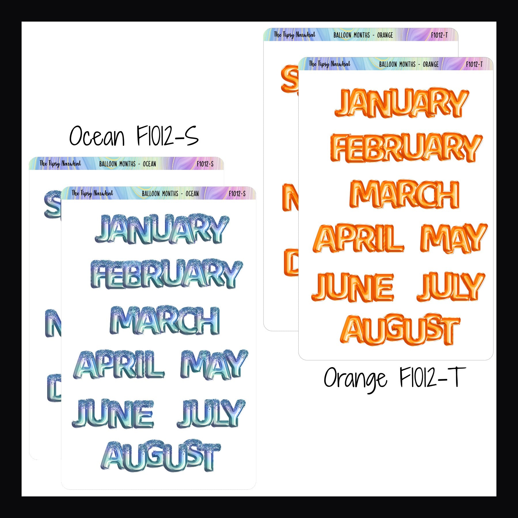 Large Monthly Balloon Headers in Ocean and Orange. 