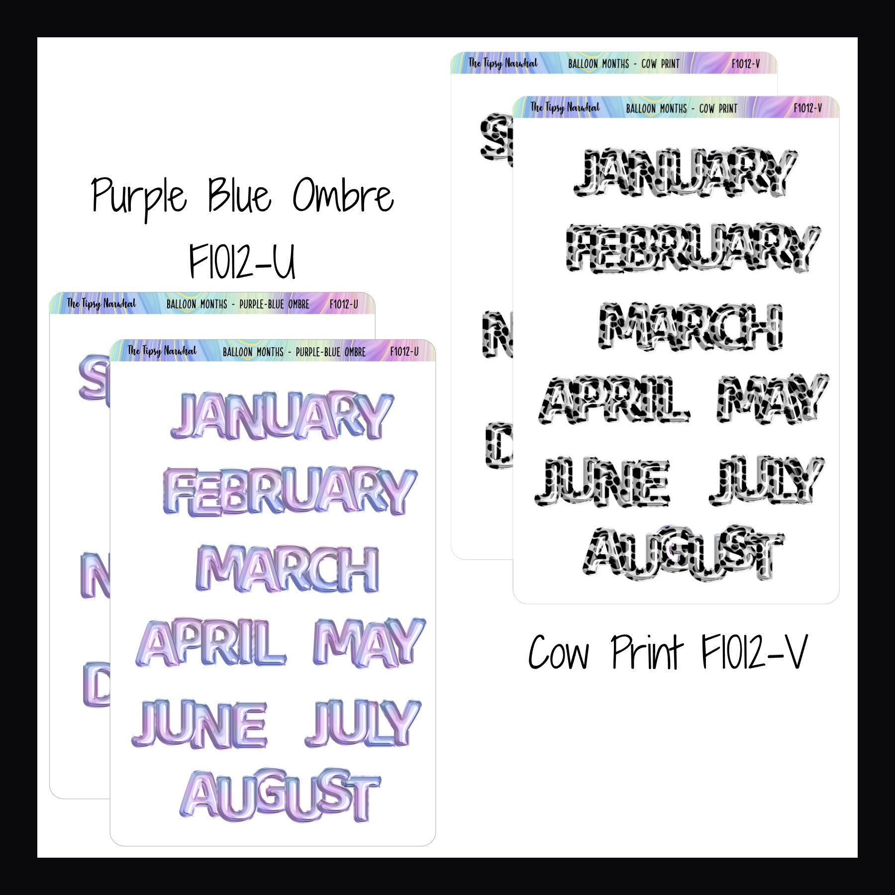 Large Monthly Balloon Headers in Purple Blue Ombre and Cow Print.
