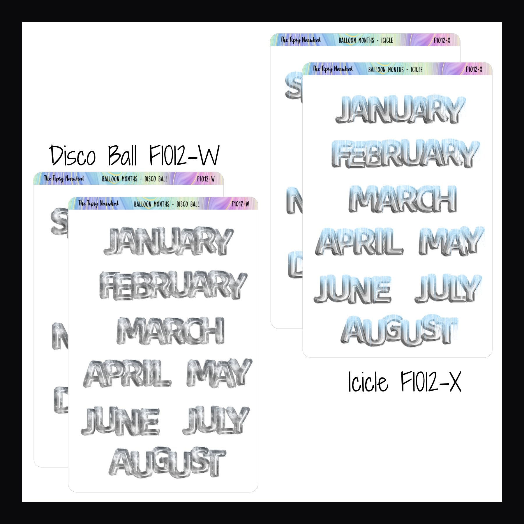 Large Monthly Balloon Headers in Disco Ball and Icicle. 