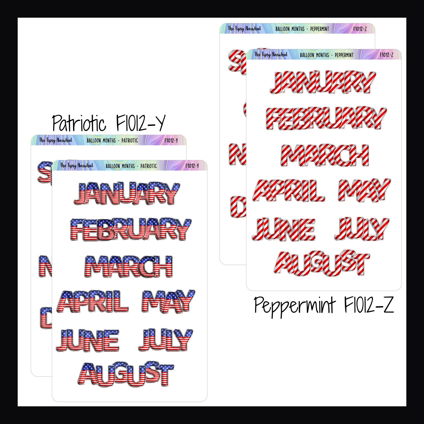 Large Monthly Balloon Headers in Patriotic and Peppermint.