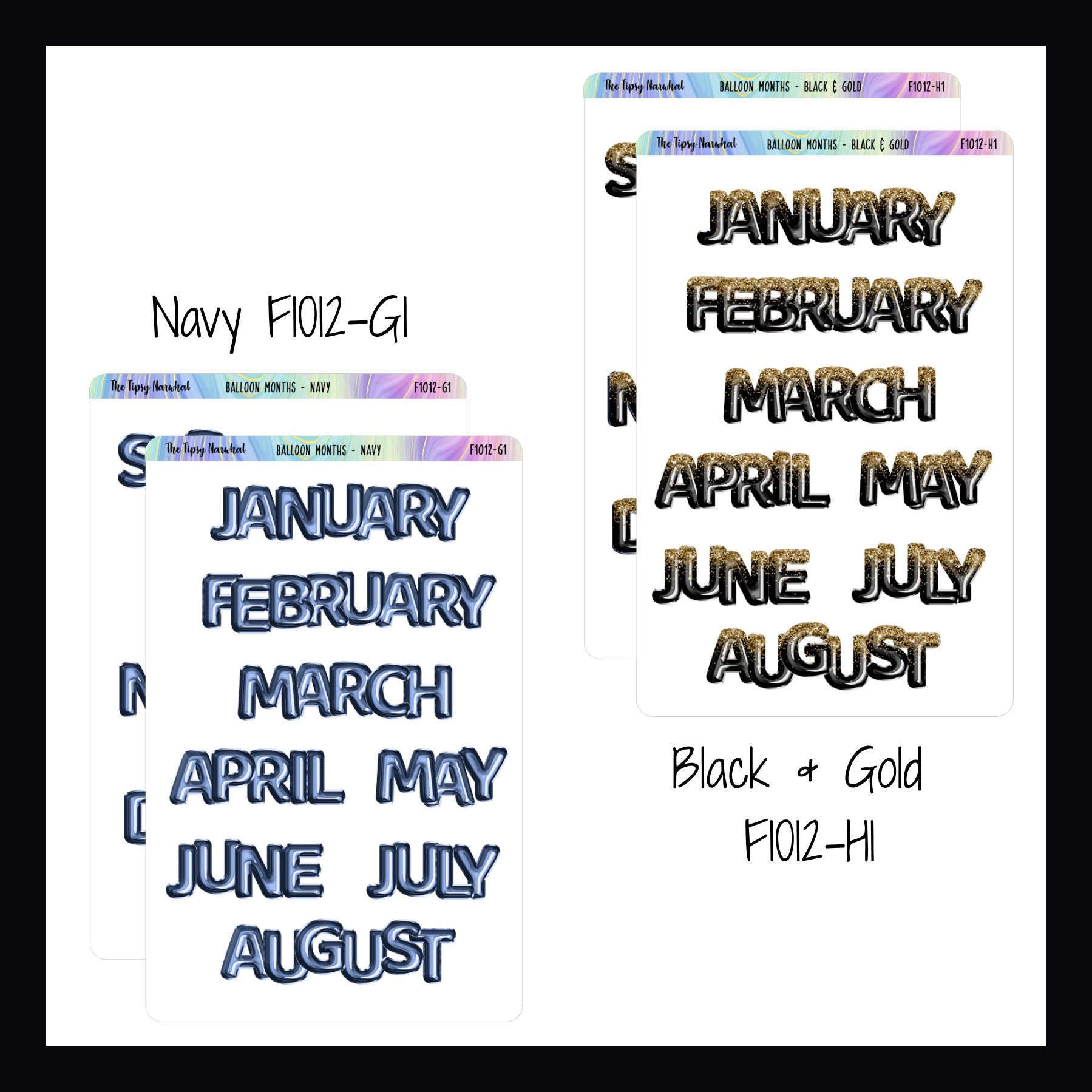 Large Monthly Balloon Headers in Navy and Black & Gold. 