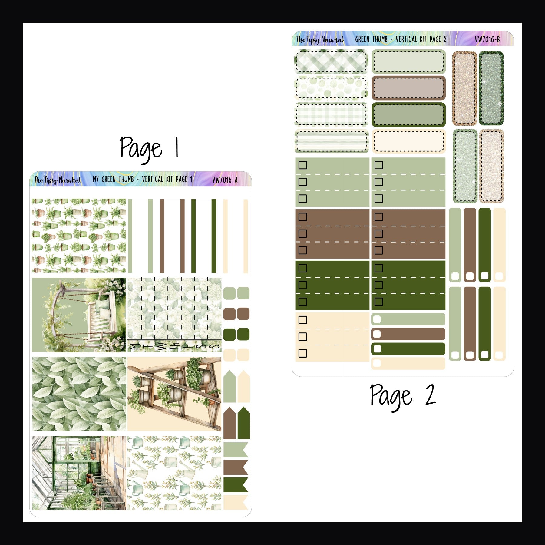 Green Thumb Vertical Weekly Kit Pages 1 & 2.  Page 1 features full box sized decor stickers, a weekly sticker, several quarter box stickers as well as page flags.  Page 2 features quarter box stickers, half box sized stickers with 3 check lists and skinny check box stickers. 