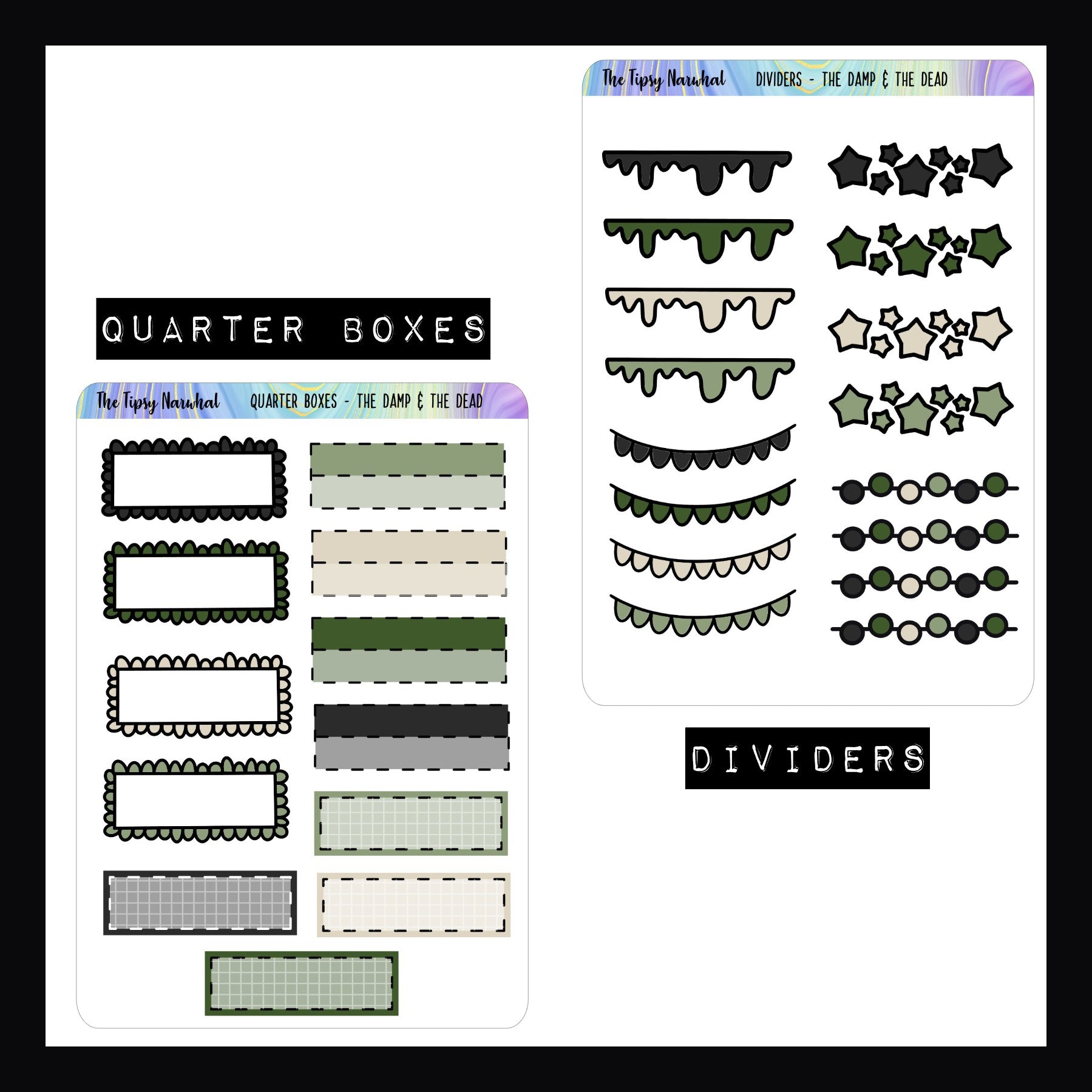 The Damp and The Dead Functional Sticker Add-ons quarter box sheet and Divider sticker sheets.