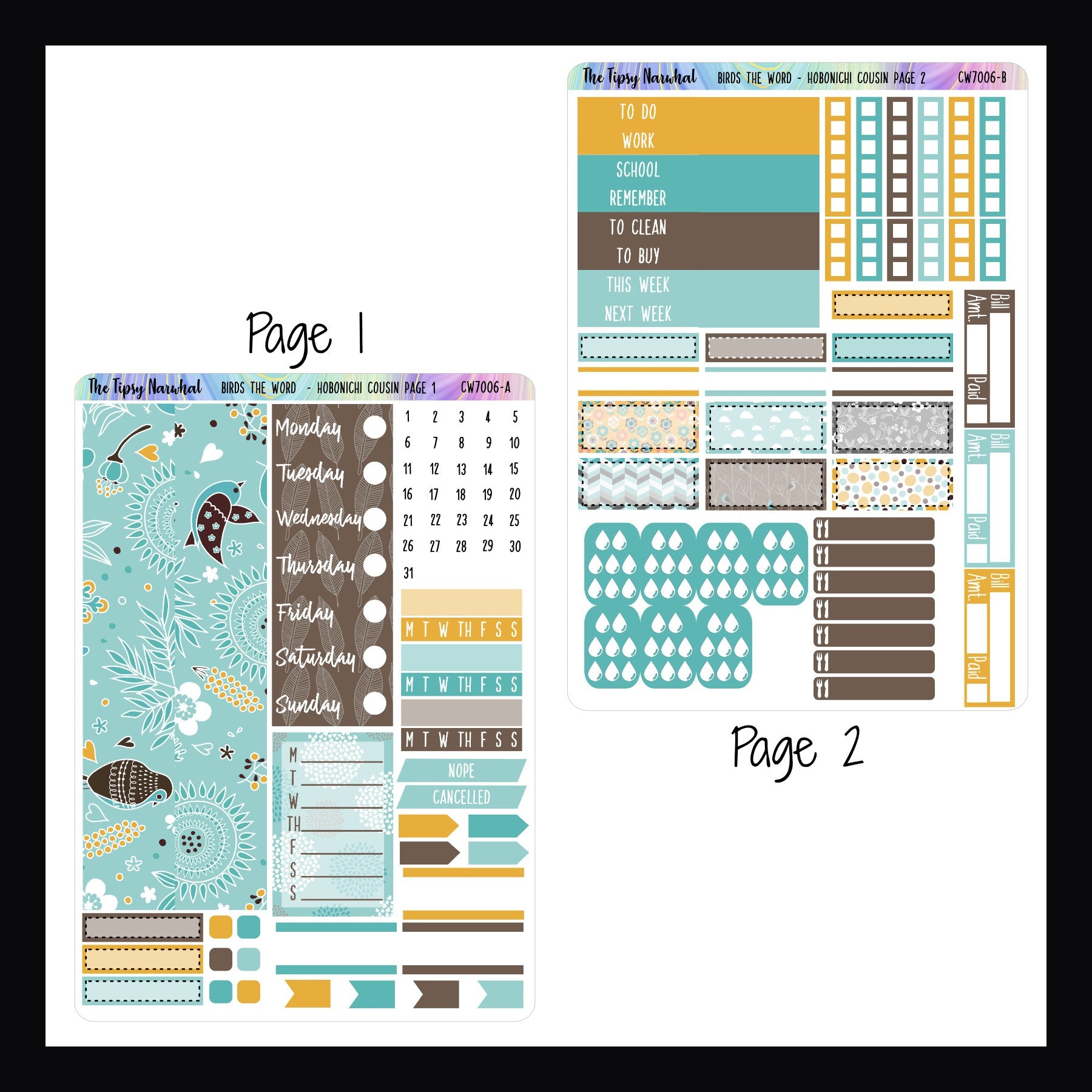 Digital Birds the Word Hobonichi Cousin Kit pages 1 and 2.  Page 1 features washi strips, habit trackers, weekly sticker and date covers.  Page 2 features headers, checklists, appointment boxes, water and meal tracking stickers.
