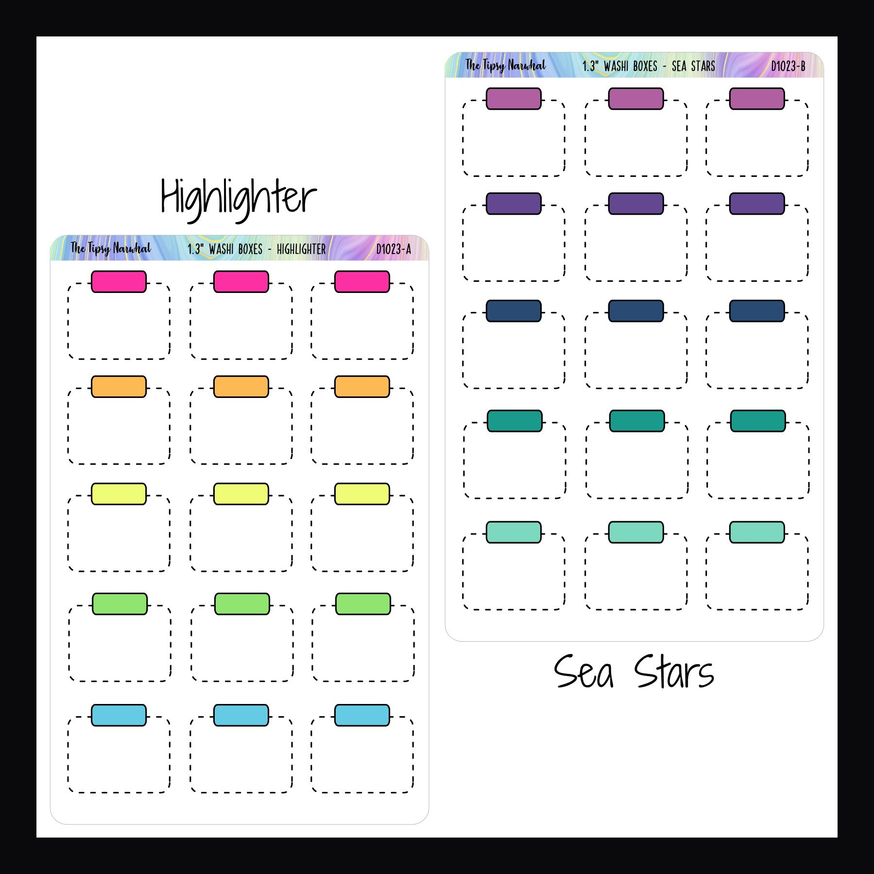 Functional Stickers -1.3 Inch Washi Boxes highlighter and sea stars variants shown on a white background